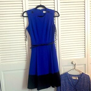 Calvin Klein Size 2 Pleated Blue Dress with Black Belt and Trim